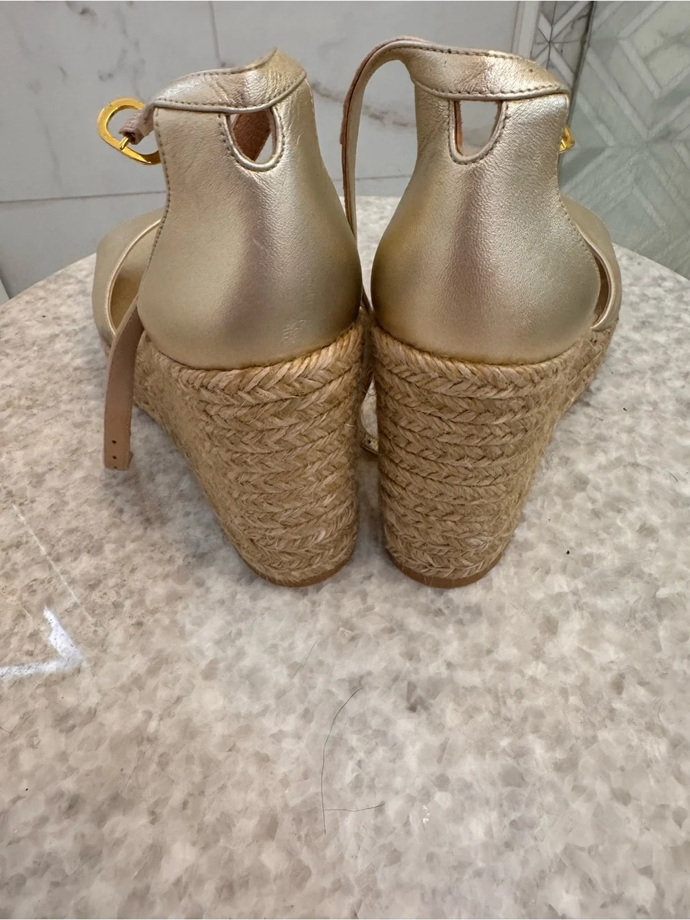 Stuart Weitzman Gold Espadrille Wedge Sandals
